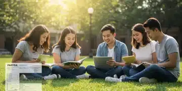 Diverse college students on campus studying, symbolizing successful academic journey with FAFSA aid.