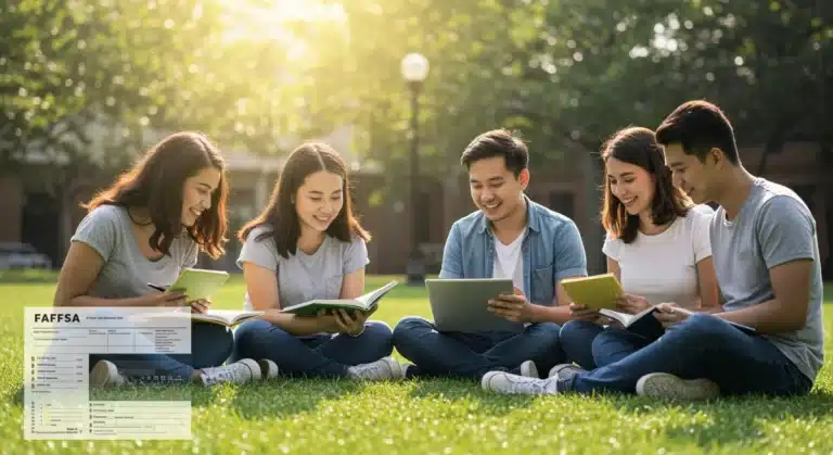 Diverse college students on campus studying, symbolizing successful academic journey with FAFSA aid.
