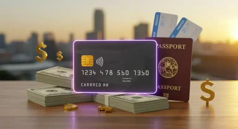 Credit card with cash and travel items, symbolizing lucrative welcome bonuses in early 2025