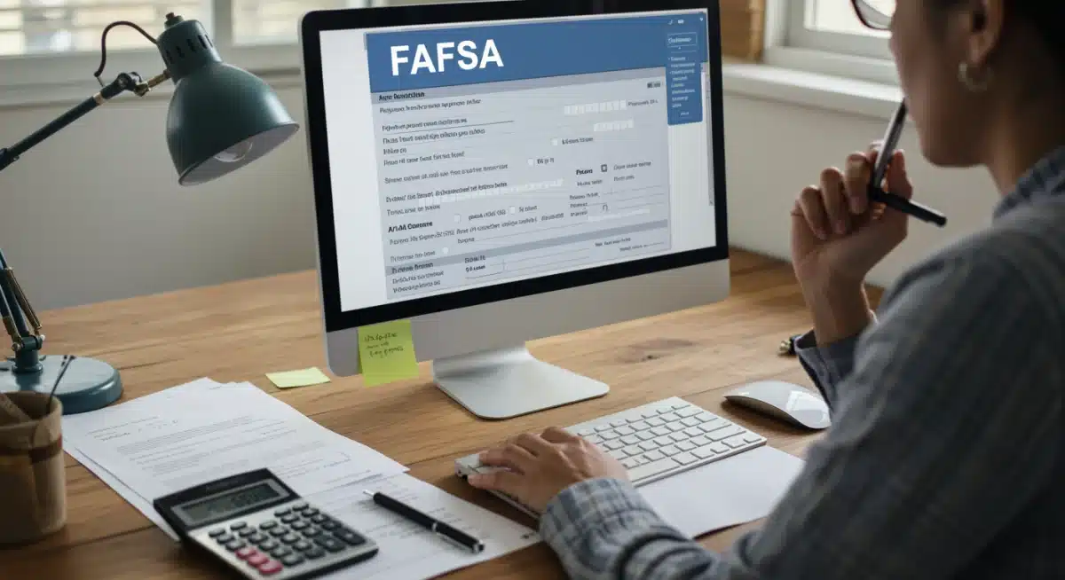 Student meticulously filling out FAFSA form on computer, surrounded by financial documents.