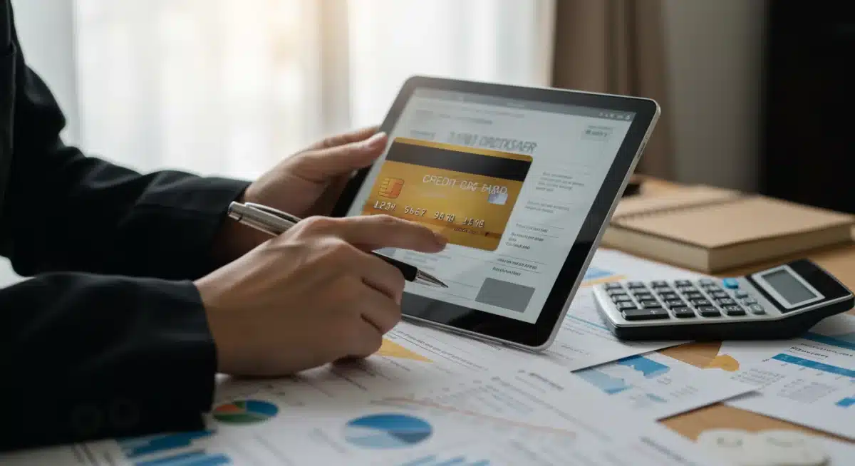 Person reviewing credit card terms on a tablet, focusing on financial planning and bonus eligibility