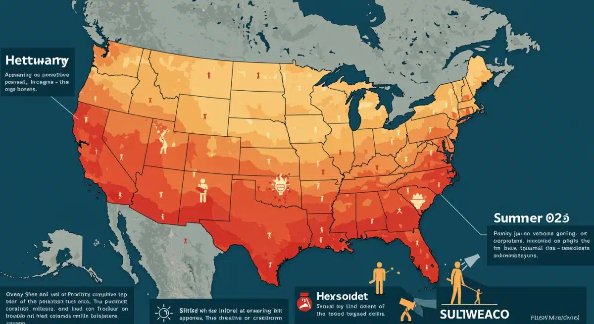 US map infographic showing regions with high probability of Summer 2025 heatwaves.