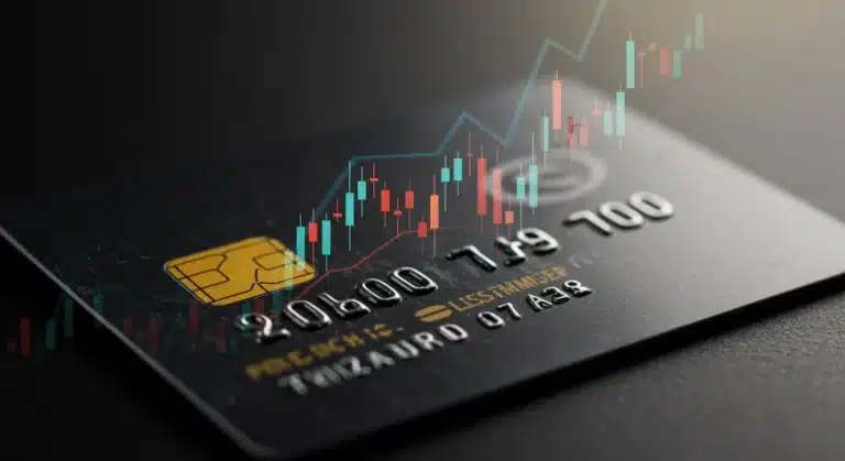 Credit card with rising interest rate graph overlay, symbolizing the financial outlook for 2025.