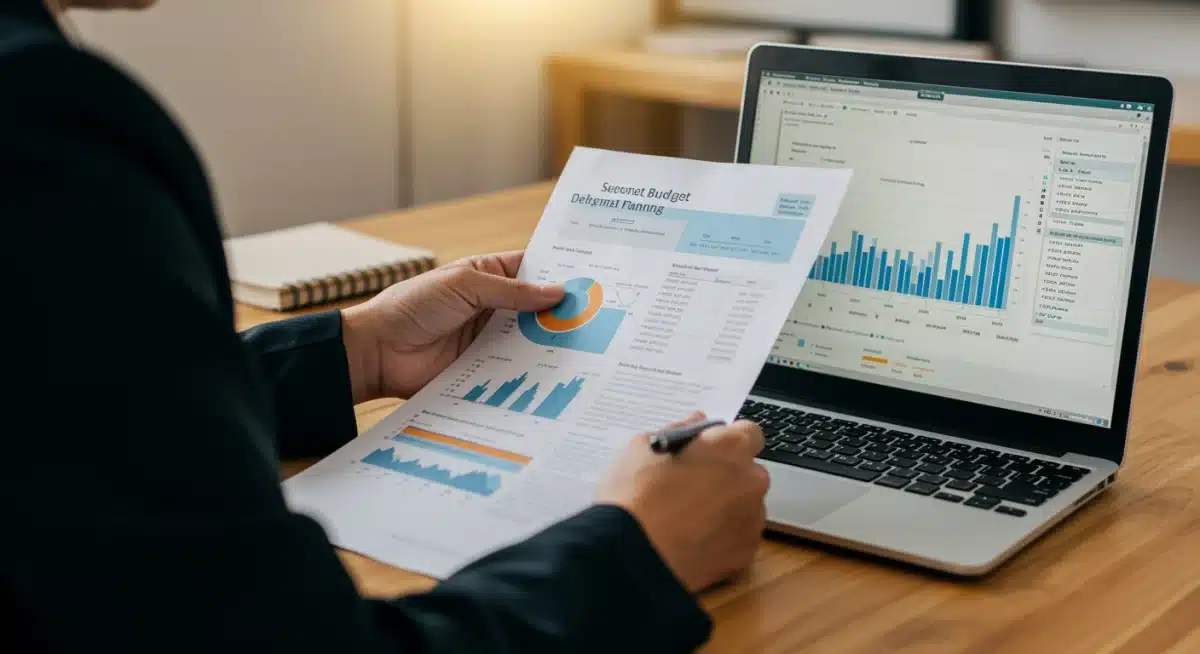 Person analyzing budget on laptop, planning for credit card debt management.