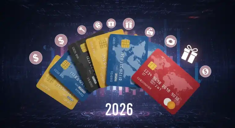 Credit cards fanned out with glowing reward icons for maximizing 2026 earnings