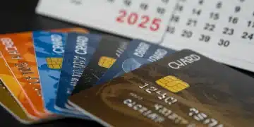 Diverse credit cards fanned out with 2025 calendar in background