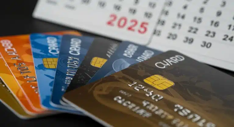 Diverse credit cards fanned out with 2025 calendar in background