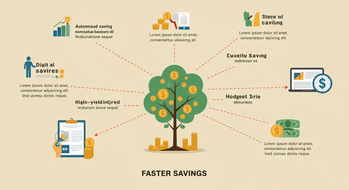 Infographic illustrating digital account features like automated savings, budgeting tools, and high-yield interest to accelerate financial goals.