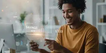 Person smiling at tablet displaying significant savings in a digital account, representing financial success and accelerated goal achievement.
