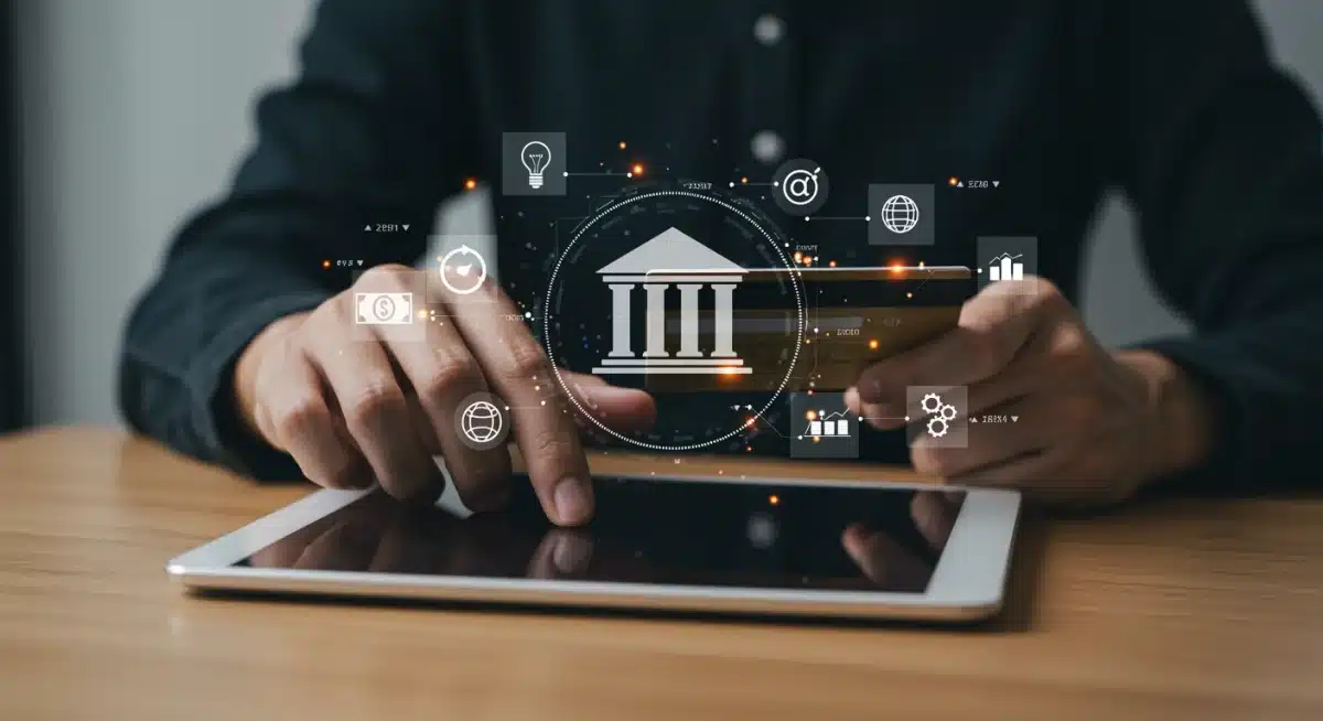 Person using tablet for digital banking, highlighting financial technology and consumer interaction.