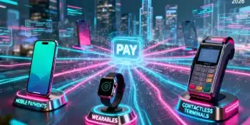 Futuristic digital payment ecosystem in the US, 2026, with interconnected devices and secure transactions.