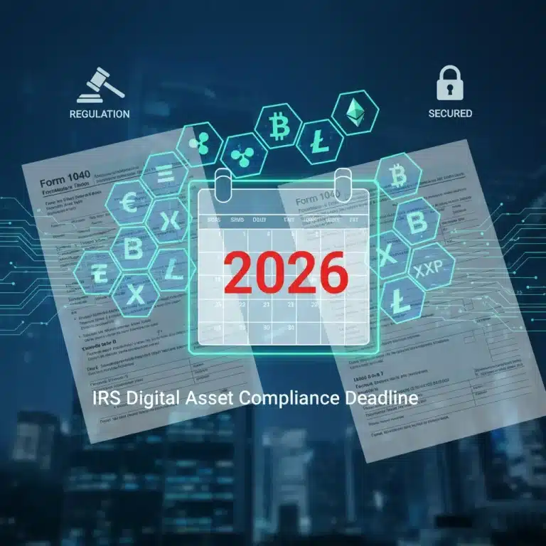 IRS digital asset reporting requirements 2026 calendar and cryptocurrency symbols