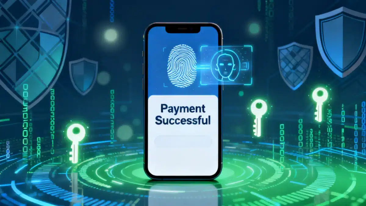 Secure mobile payment transaction with biometric authentication, highlighting digital account safety.