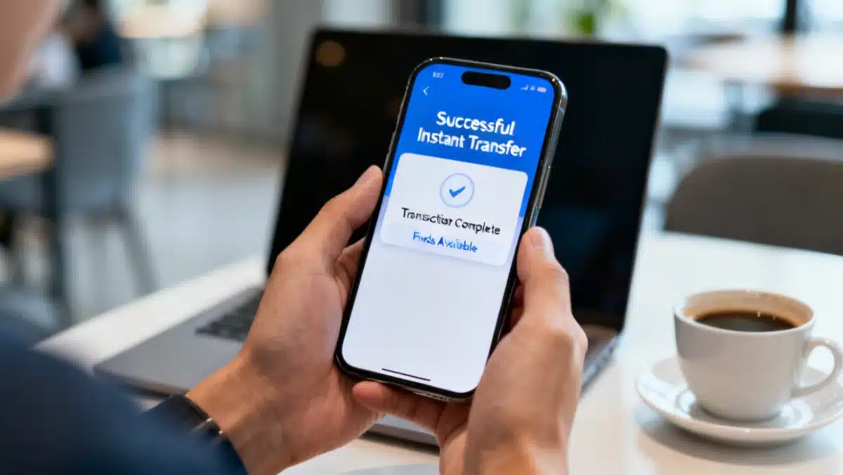 Smartphone showing successful instant money transfer notification