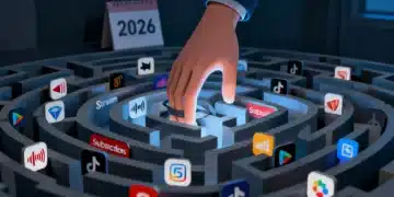 Illustration of a person ensnared by numerous digital subscription icons, symbolizing the '2026 subscription trap' risks.