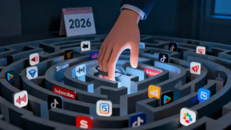 Illustration of a person ensnared by numerous digital subscription icons, symbolizing the '2026 subscription trap' risks.