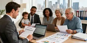 Diverse Americans discuss 2026 estate planning with an advisor, reviewing financial documents.