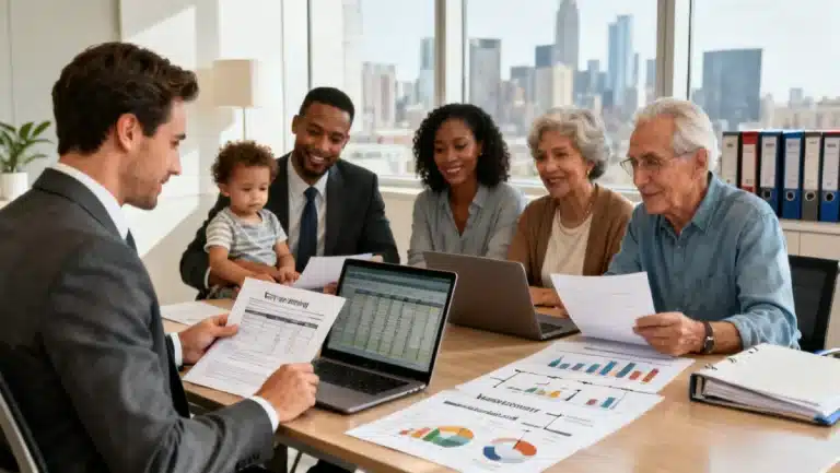 Diverse Americans discuss 2026 estate planning with an advisor, reviewing financial documents.