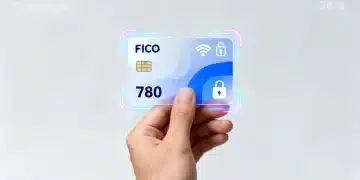 Hand holding a credit card with FICO score overlay, representing credit card selection in 2026.