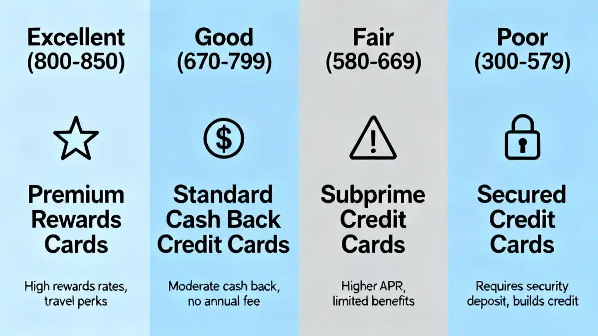 Infographic showing FICO score ranges and recommended credit card types for each category.