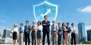 Diverse people protected by digital shield in front of modern city, symbolizing insurance and financial security in 2026.