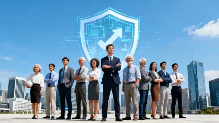 Diverse people protected by digital shield in front of modern city, symbolizing insurance and financial security in 2026.