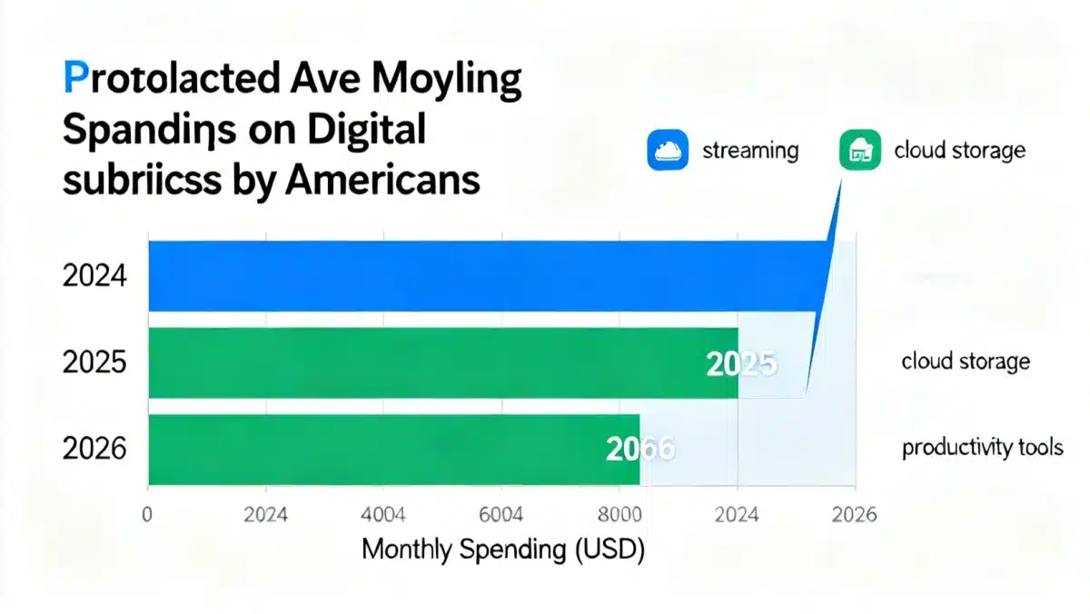 Bar chart showing rising American consumer spending on digital subscriptions towards 2026, highlighting potential financial strain.