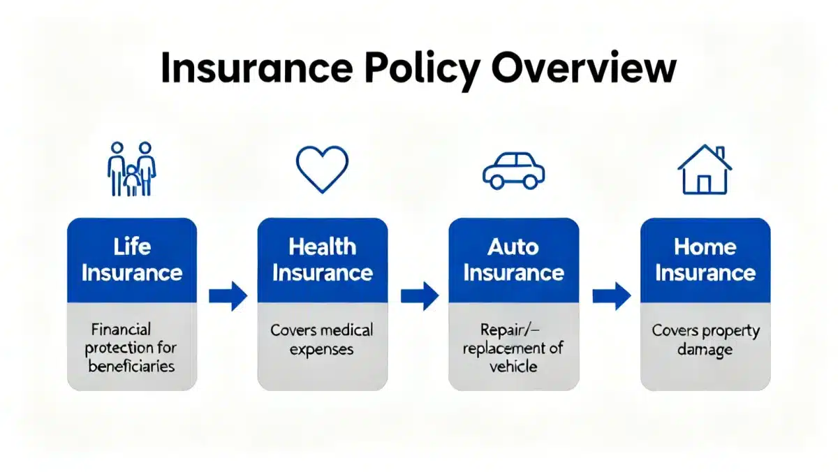 Infographic showing diverse insurance policy types: life, health, auto, home, with icons and benefits.