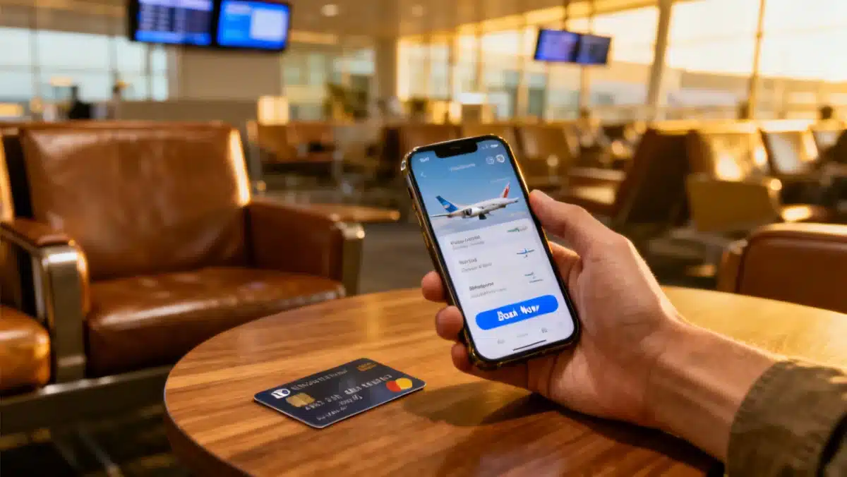 Traveler using a credit card to access airport lounge benefits and book travel on a smartphone.