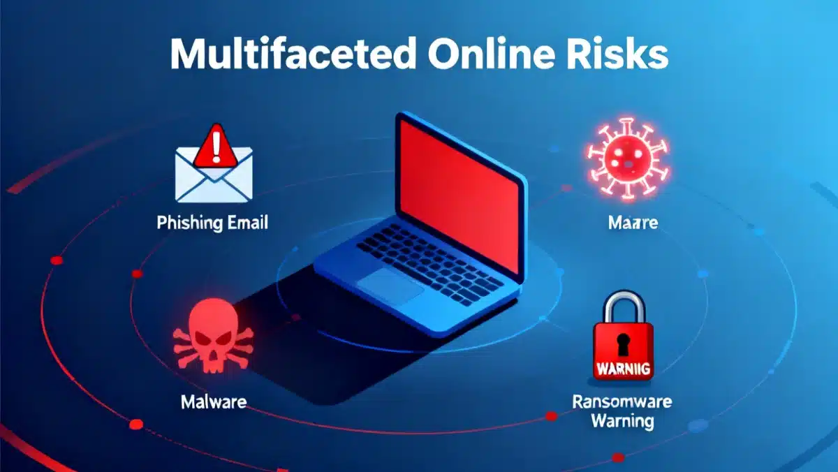 Illustration of diverse cyber threats like phishing and malware targeting digital devices