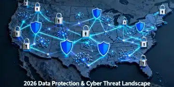 Digital security network overlaying US map, symbolizing 2026 data protection challenges