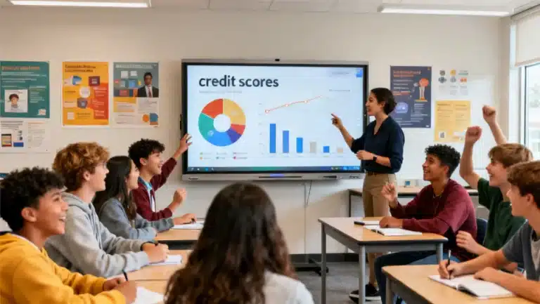 High school students learning about credit scores in a financial literacy workshop.