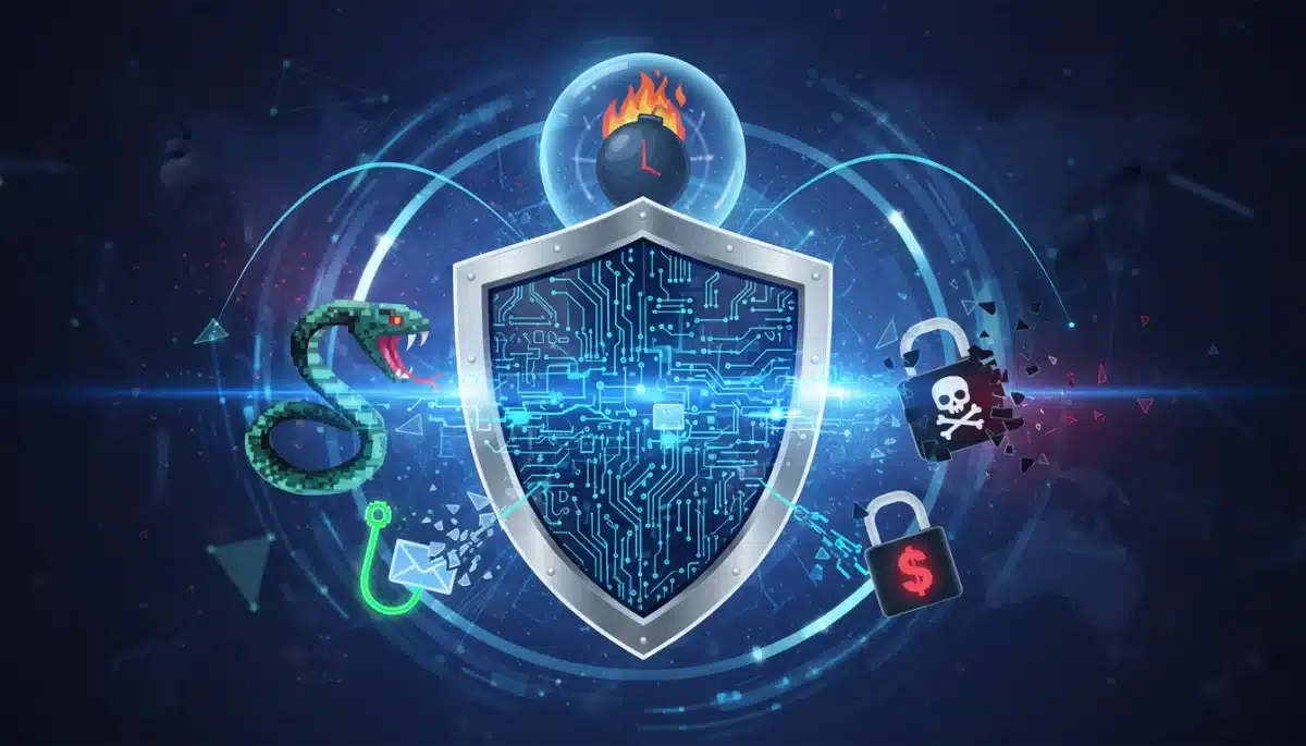 Cybersecurity shield deflecting digital threats, illustrating robust defense mechanisms in banking.
