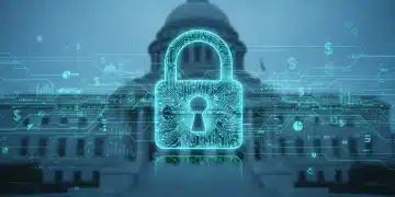 Digital padlock securing a network of financial data with US Treasury building in background, symbolizing new cybersecurity guidelines.