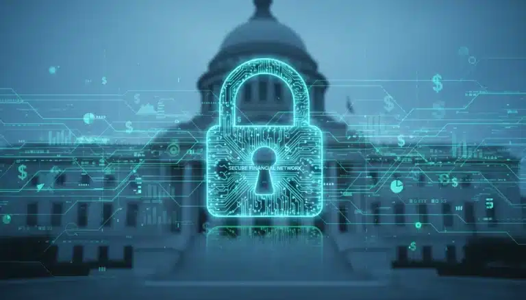 Digital padlock securing a network of financial data with US Treasury building in background, symbolizing new cybersecurity guidelines.