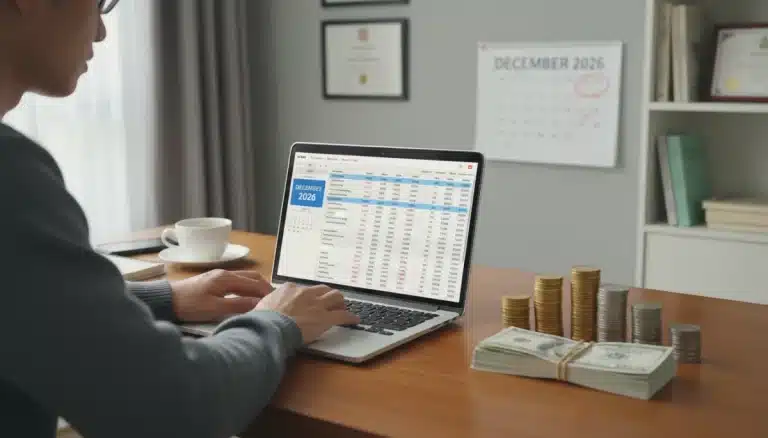Person planning emergency fund on laptop with calendar and money