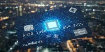 Credit card with glowing EMV chip, symbolizing advanced security in 2026