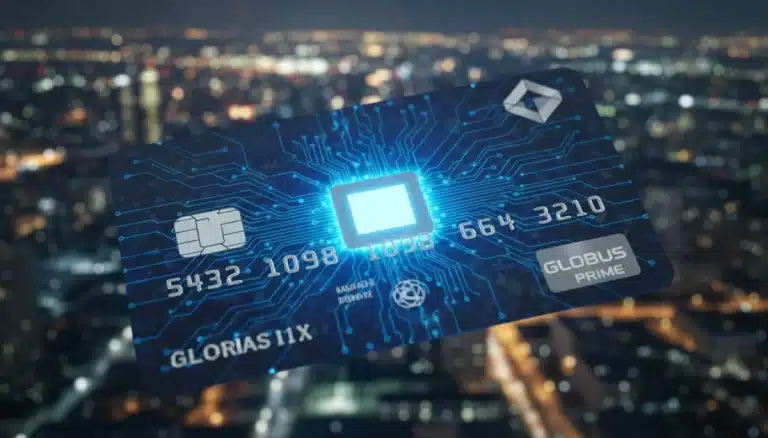 Credit card with glowing EMV chip, symbolizing advanced security in 2026
