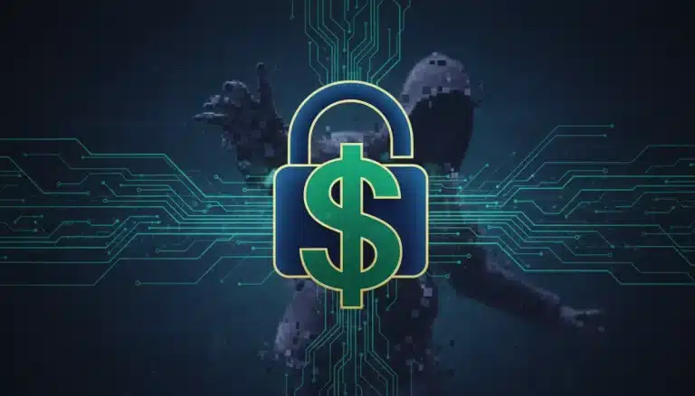 Digital lock and dollar sign representing online financial security and identity theft threat in 2026