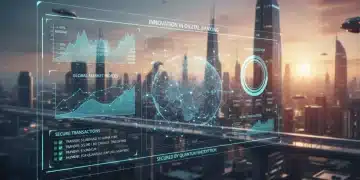 Futuristic digital account interface with financial data and global network connections