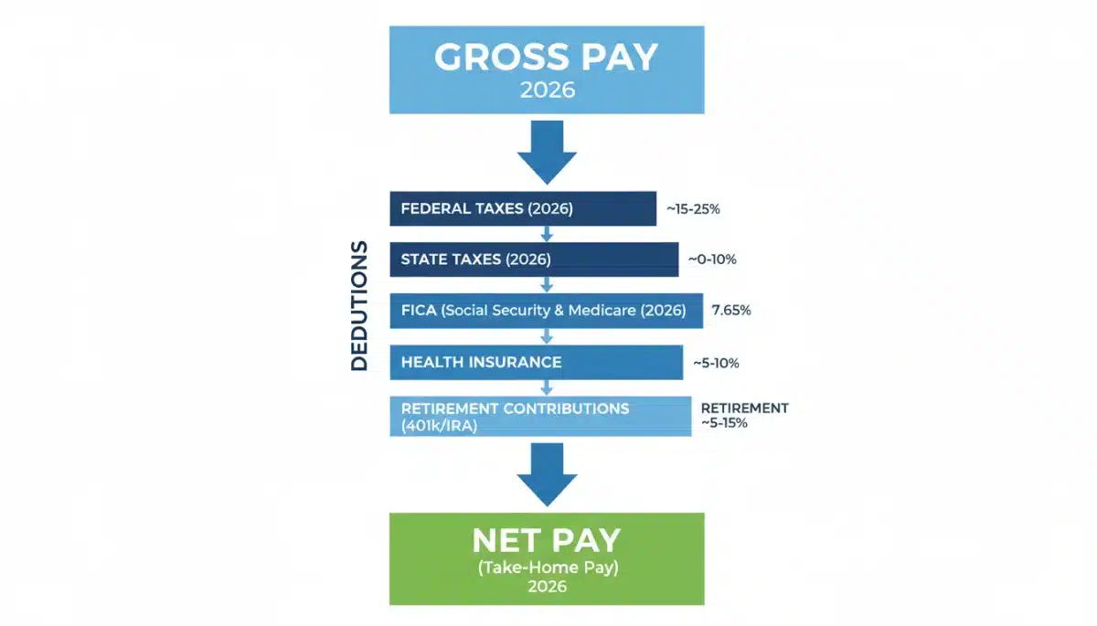 Infographic showing gross to net pay breakdown with 2026 deductions
