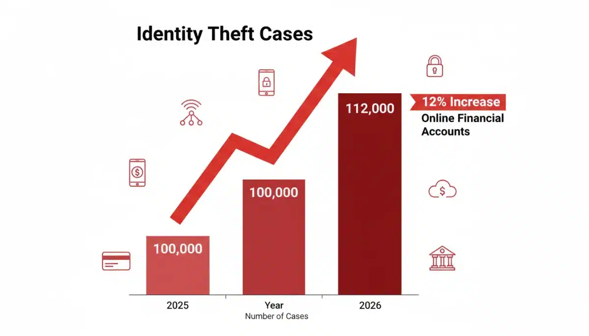 Bar chart showing a 12% increase in identity theft for online financial accounts between 2025 and 2026