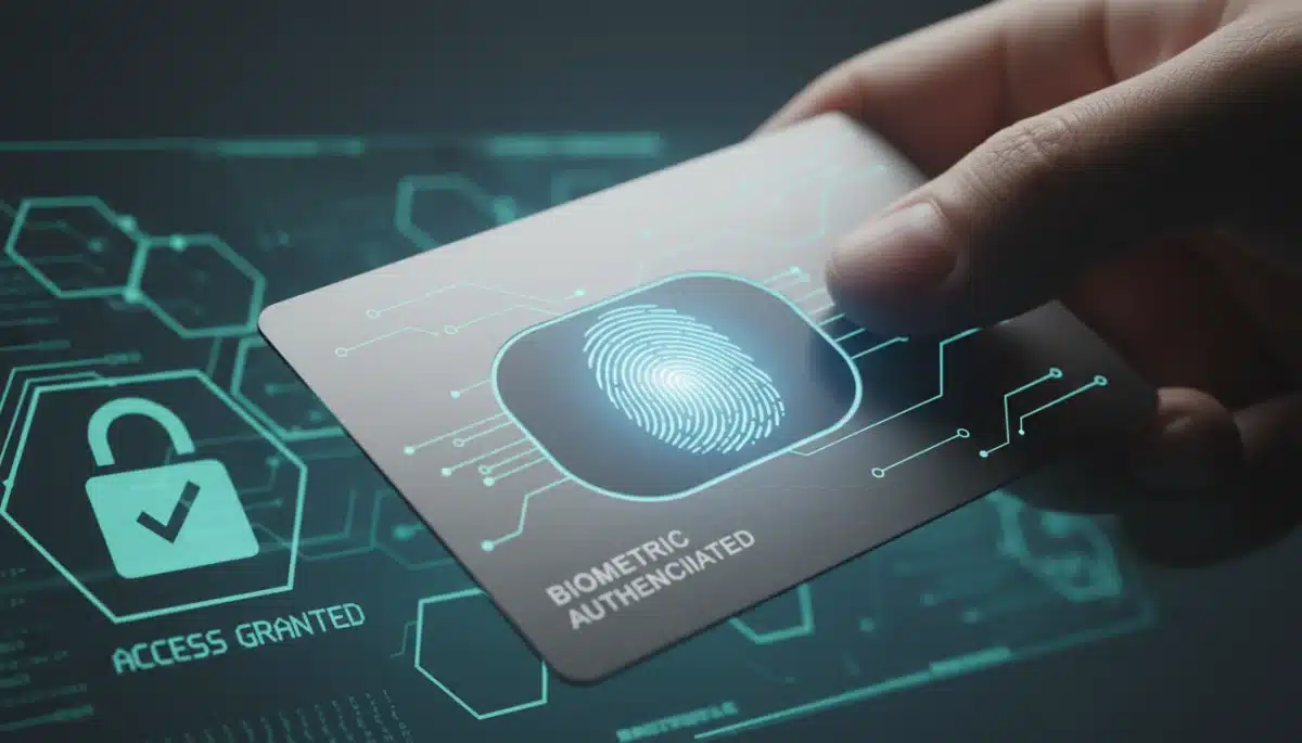 Close-up of a credit card with an integrated fingerprint sensor, illustrating biometric security for transactions.