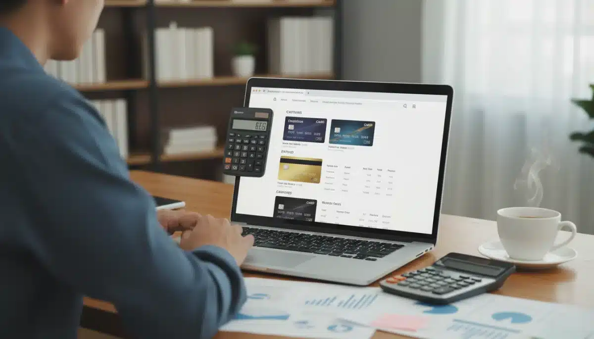 Person comparing credit card balance transfer offers on a laptop