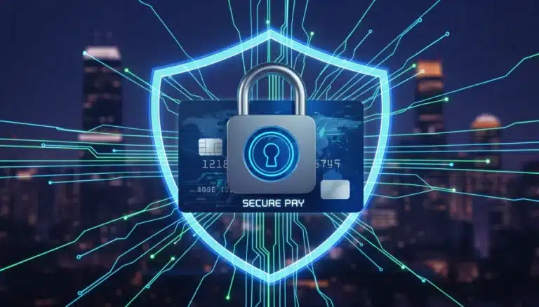 Digital padlock protecting a credit card, symbolizing credit card fraud prevention in 2026.