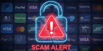 Digital lock with warning symbol over payment apps, symbolizing digital payment scam alert