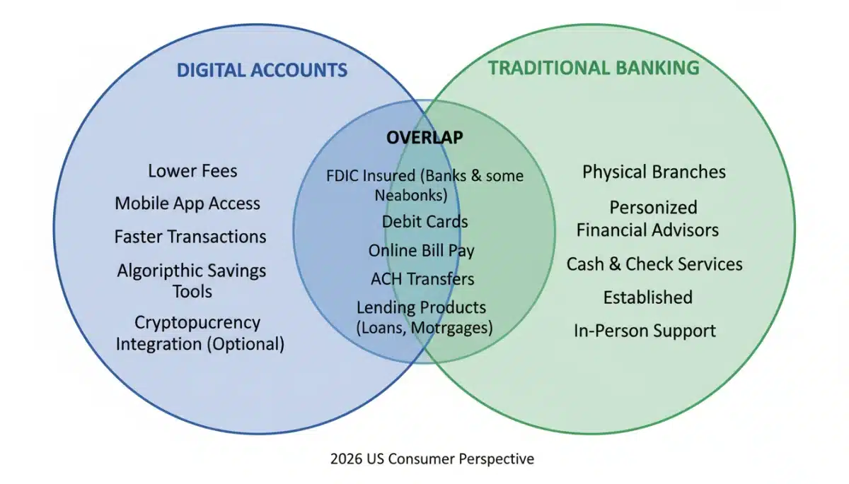 Venn diagram comparing features of digital and traditional banking.