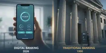Digital banking app on smartphone contrasted with traditional bank building facade.