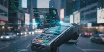 Futuristic credit card tapping a payment terminal, symbolizing advanced contactless payments and security in 2026.