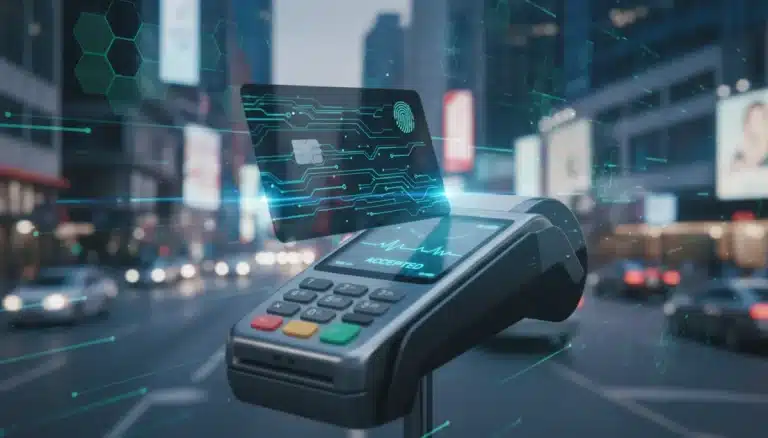 Futuristic credit card tapping a payment terminal, symbolizing advanced contactless payments and security in 2026.